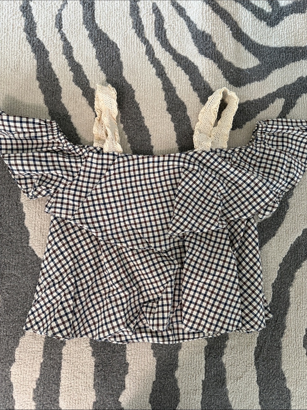 POL Lace-Strap Gingham Ruffle Camisole - Navy & Cream
